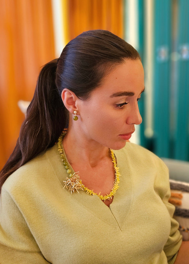 Boho Chic Green Opal And Yellow Bamboo Coral With Removable Pin Necklace SN033
