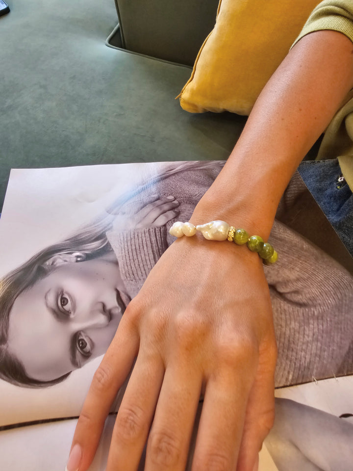 Green Opal With Freshwater Baroque Pearl Bracelet SB016