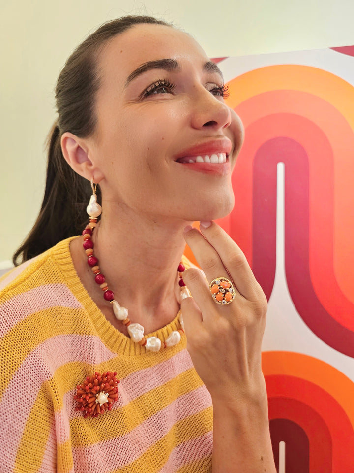 Red Bamboo Coral With Baroque Pearls Statement Necklace SN003