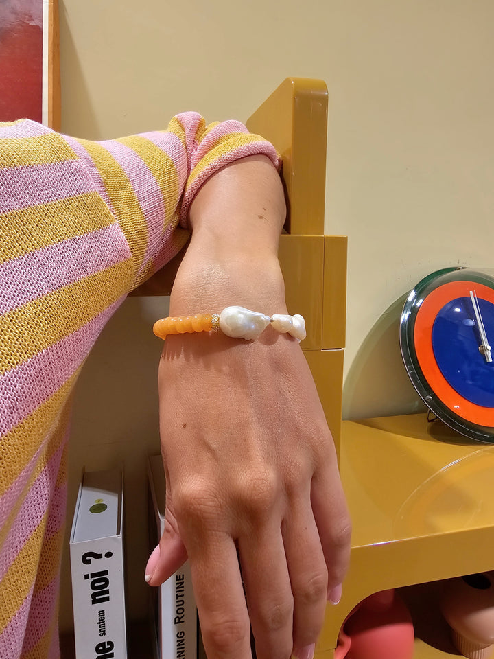 Orange Aventurine With Freshwater Baroque Pearl Bracelet SB003