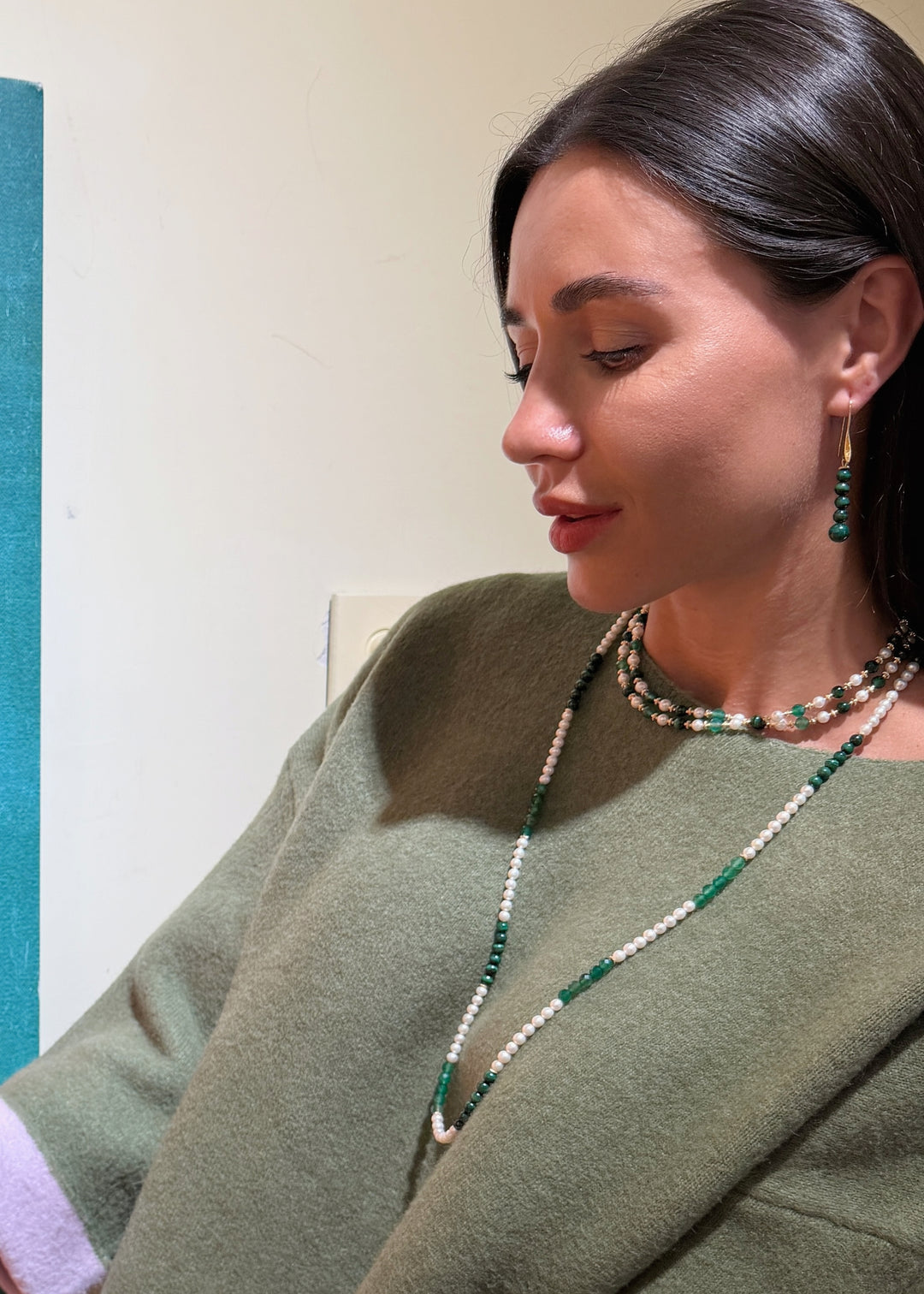 Freshwater Pearl With Green Malachite And Agate Long Necklace SN027
