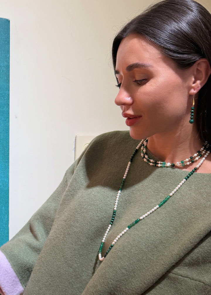 Freshwater Pearl With Green Malachite And Agate Long Necklace SN027