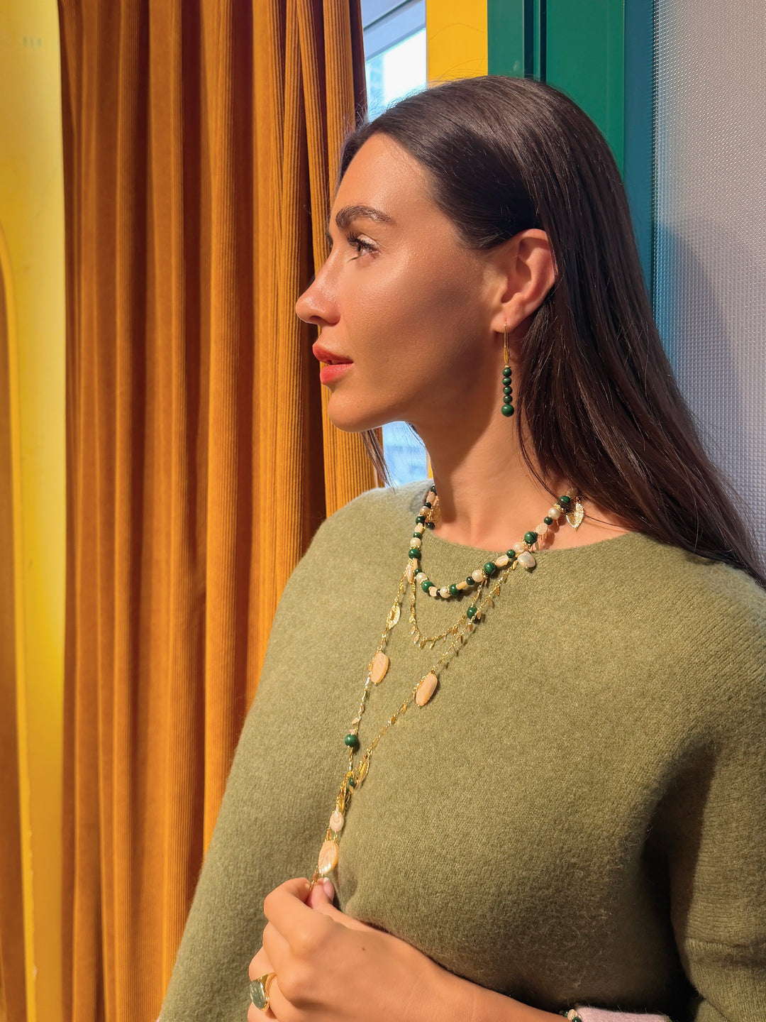 Boho Chic Malachite With Leaves Shell And Pearls Layered Necklace SN028