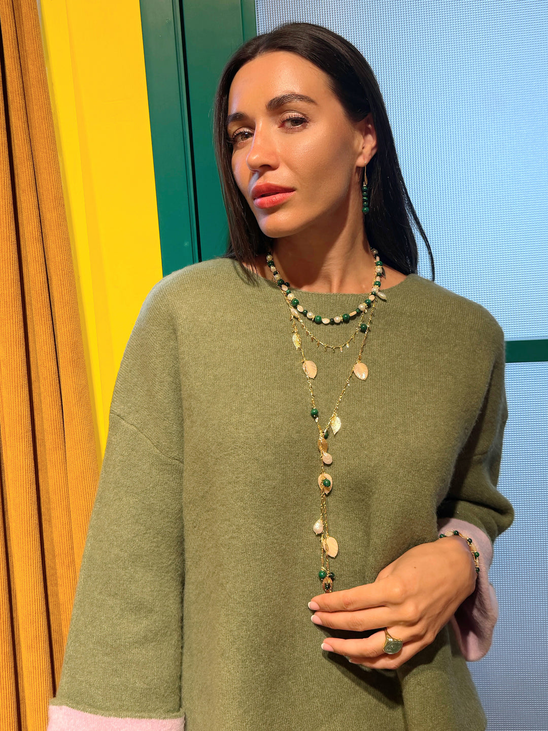 Boho Chic Malachite With Leaves Shell And Pearls Layered Necklace SN028