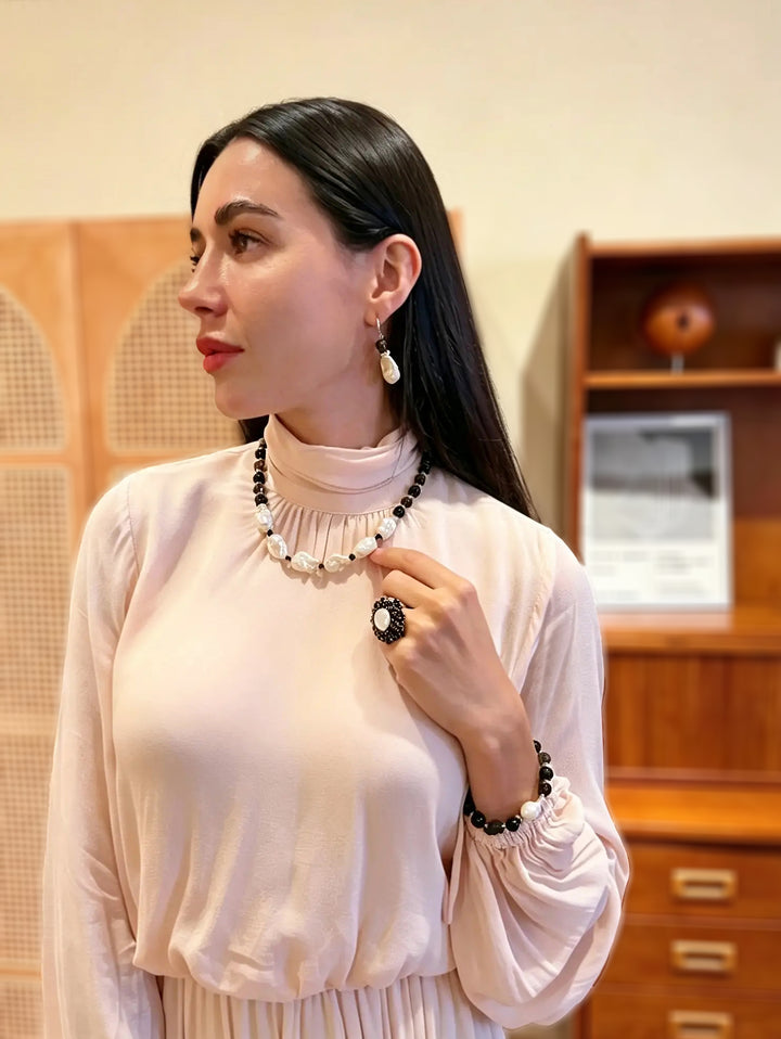 Black Quartz And Obsidian With Baroque Pearl Statement Necklace SN046