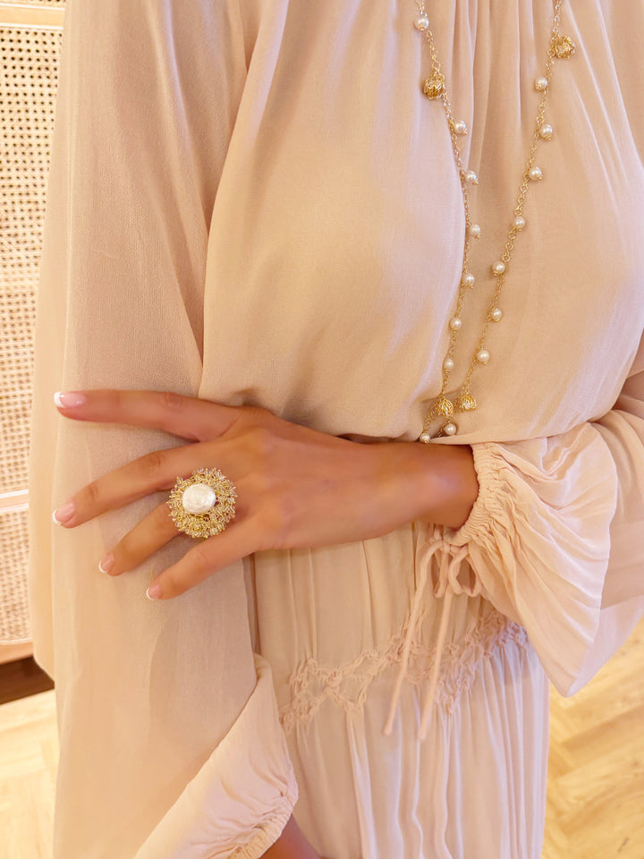 Romantic Style Floral Freshwater Pearl With Crystal Cocktail Ring SR009
