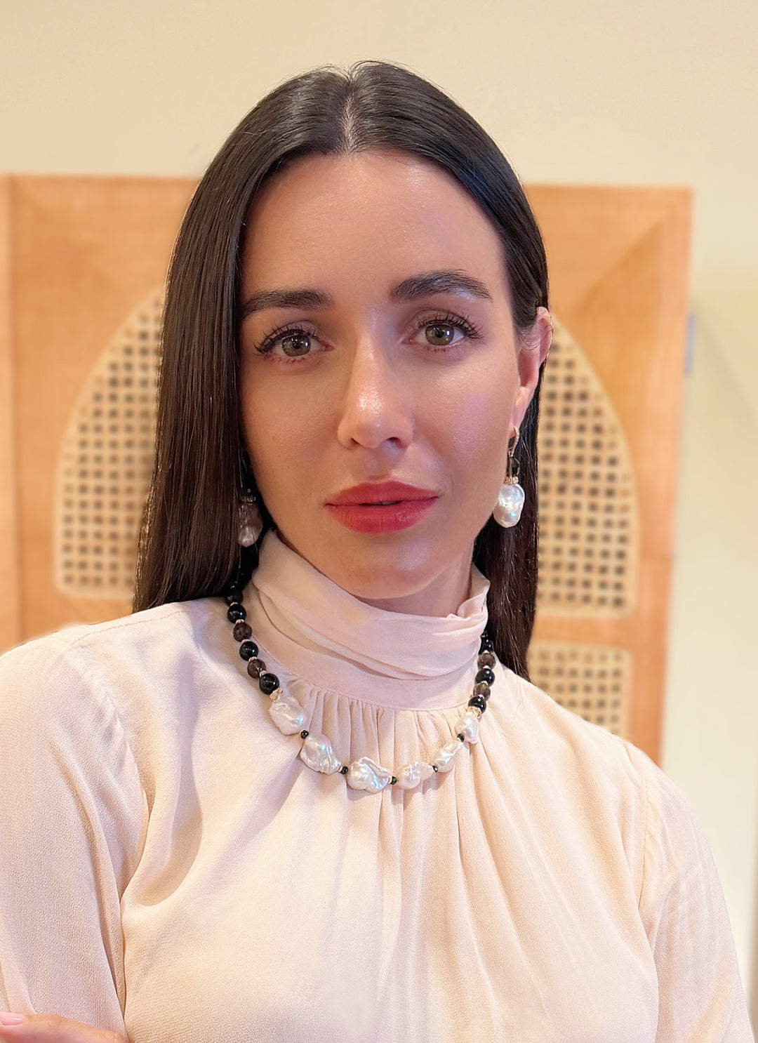 Black Quartz And Obsidian With Baroque Pearl Statement Necklace SN046
