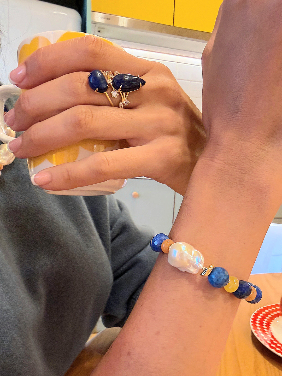 Lapis And Colorful Gemstone With Baroque Pearl Bracelet SB008