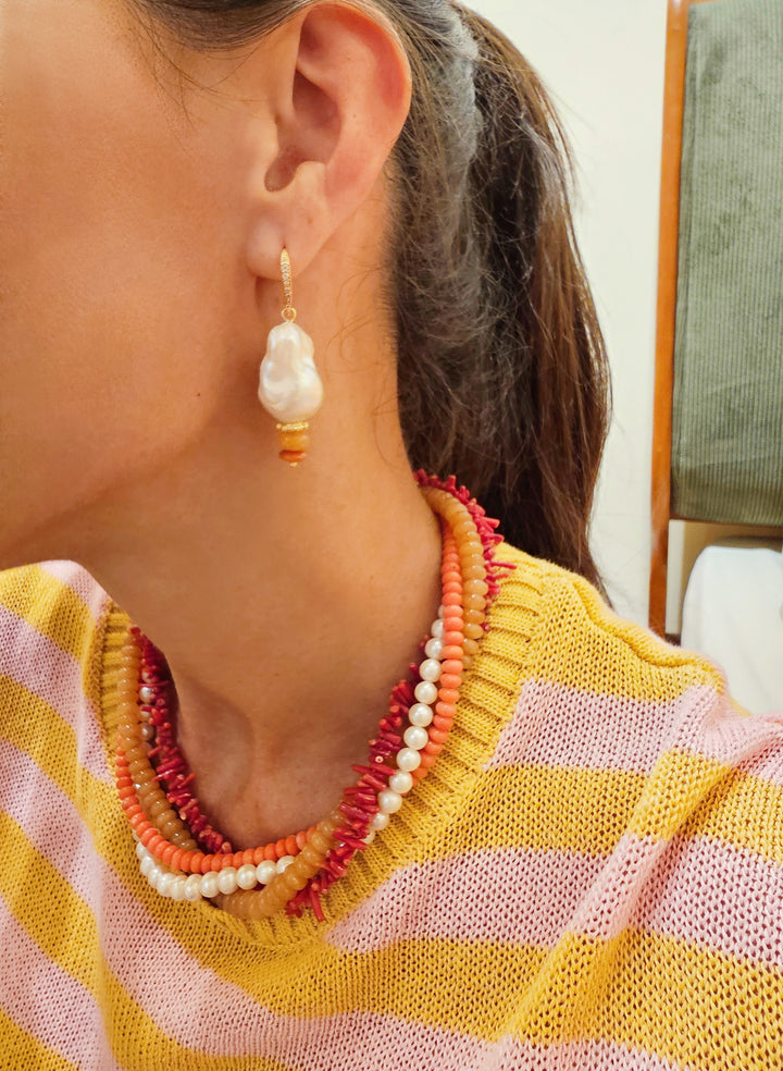 Red Gemstone Mixed With Freshwater Pearls Multi-layers Necklace SN005