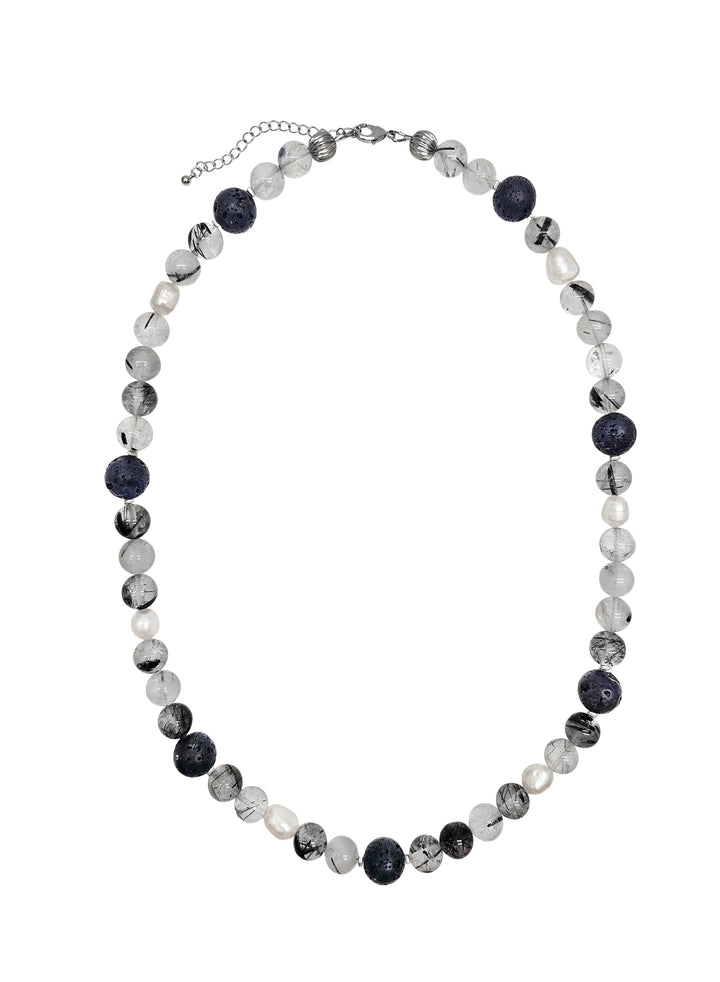 Black Rutilated Quartz With Lava Stone And Pearls Necklace MEN16