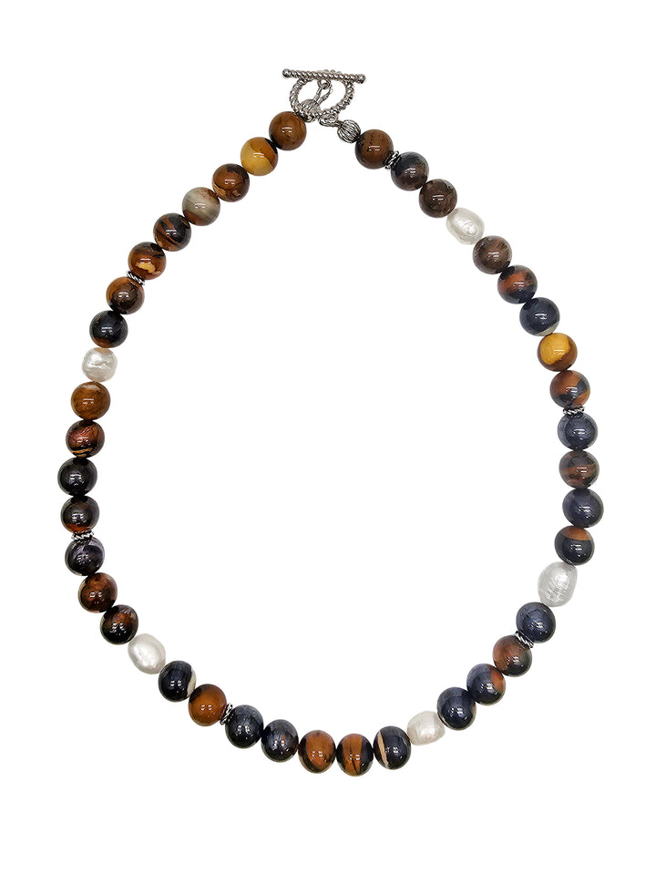 Men's Tiger's Iron Stone with Freshwater Pearls Necklace MEN19