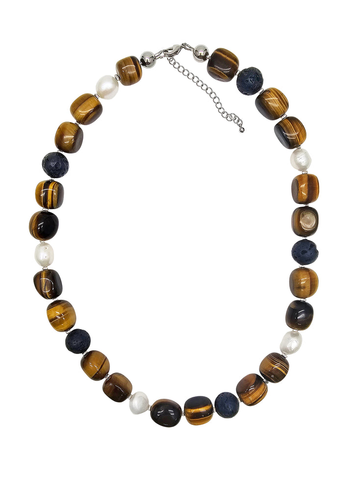 Nugget Tiger-eye Stone With Freshwater Pearls Men's Necklace MEN18