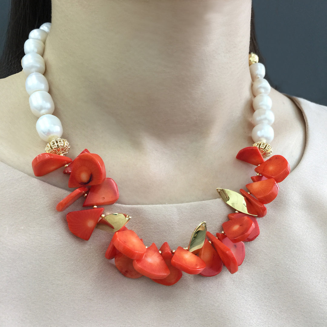 Floral Coral With Natural Freshwater Pearls Statement Necklace MN057