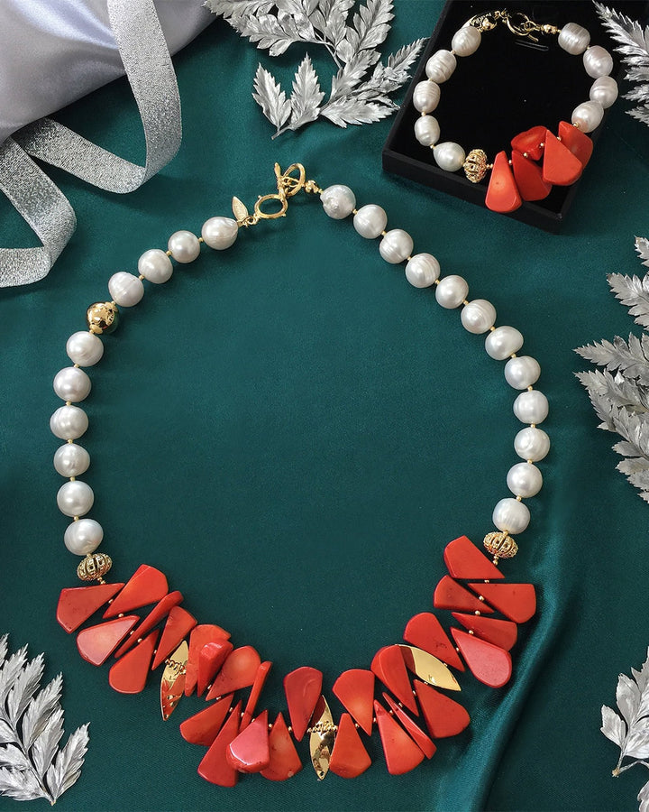 Floral Coral With Natural Freshwater Pearls Statement Necklace MN057