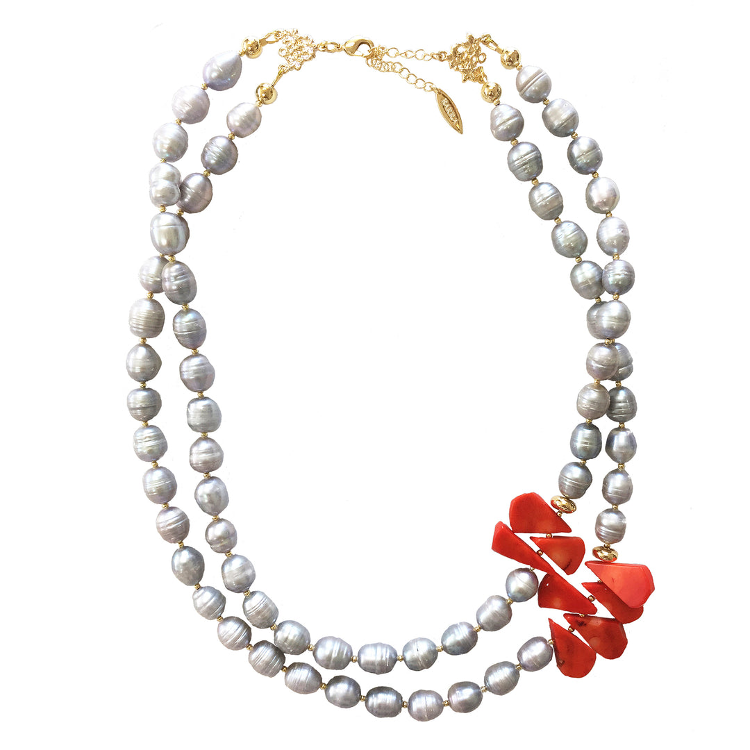 Gray Natural Freshwater Pearls With Petal Red Coral Double Layer Necklace MN061