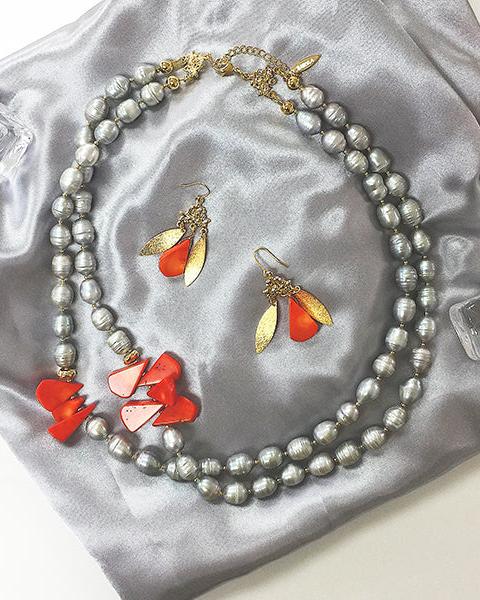 Gray Natural Freshwater Pearls With Petal Red Coral Double Layer Necklace MN061