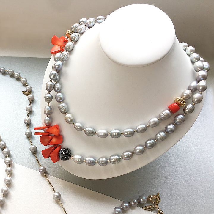 Gray Freshwater Pearls With Petal Red Coral Long Necklace MN063