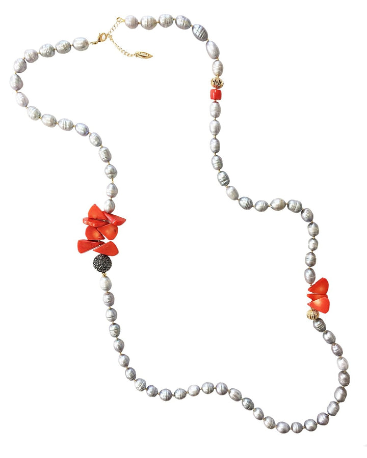 Gray Freshwater Pearls With Petal Red Coral Long Necklace MN063