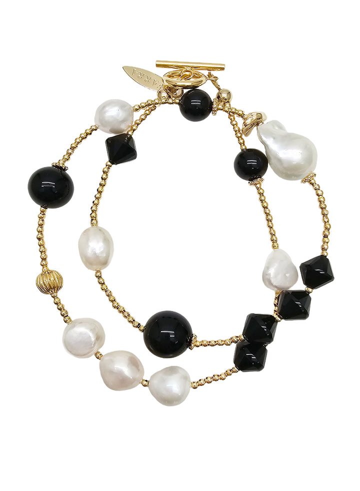 Black Obsidian and White Pearls Double Layers Bracelet / Choker NB001