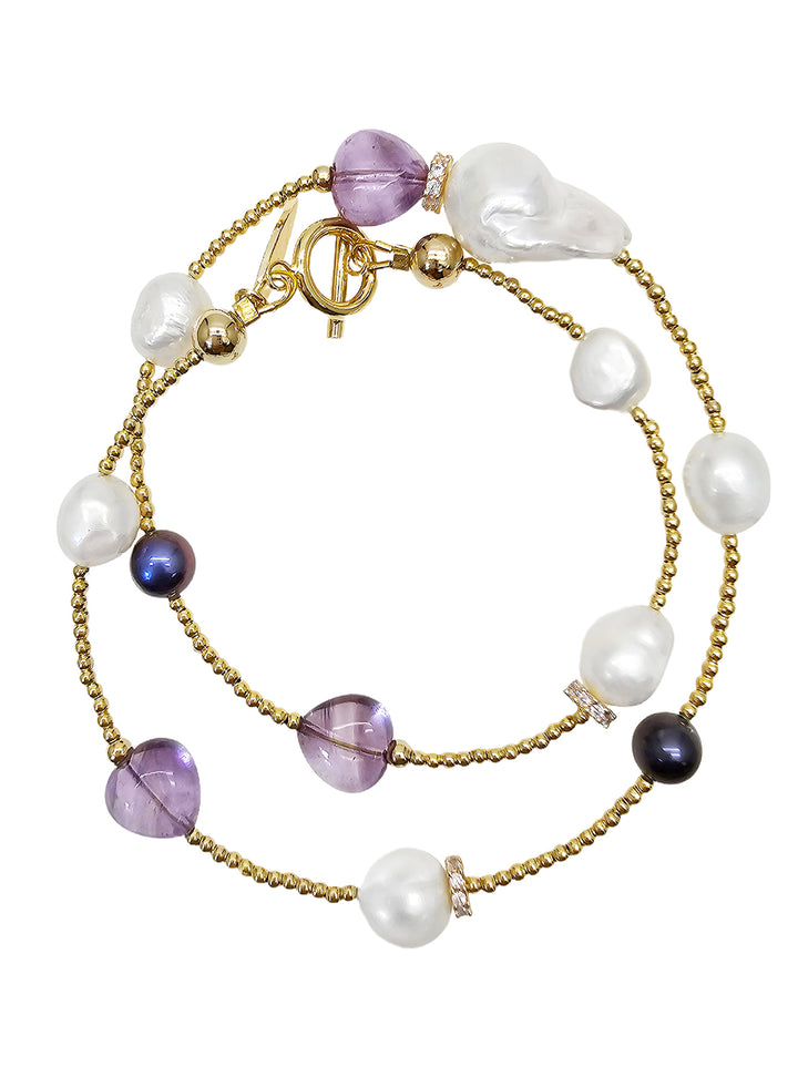 Baroque Pearls With Heart Shaped Amethyst Bracelet / Choker NB008