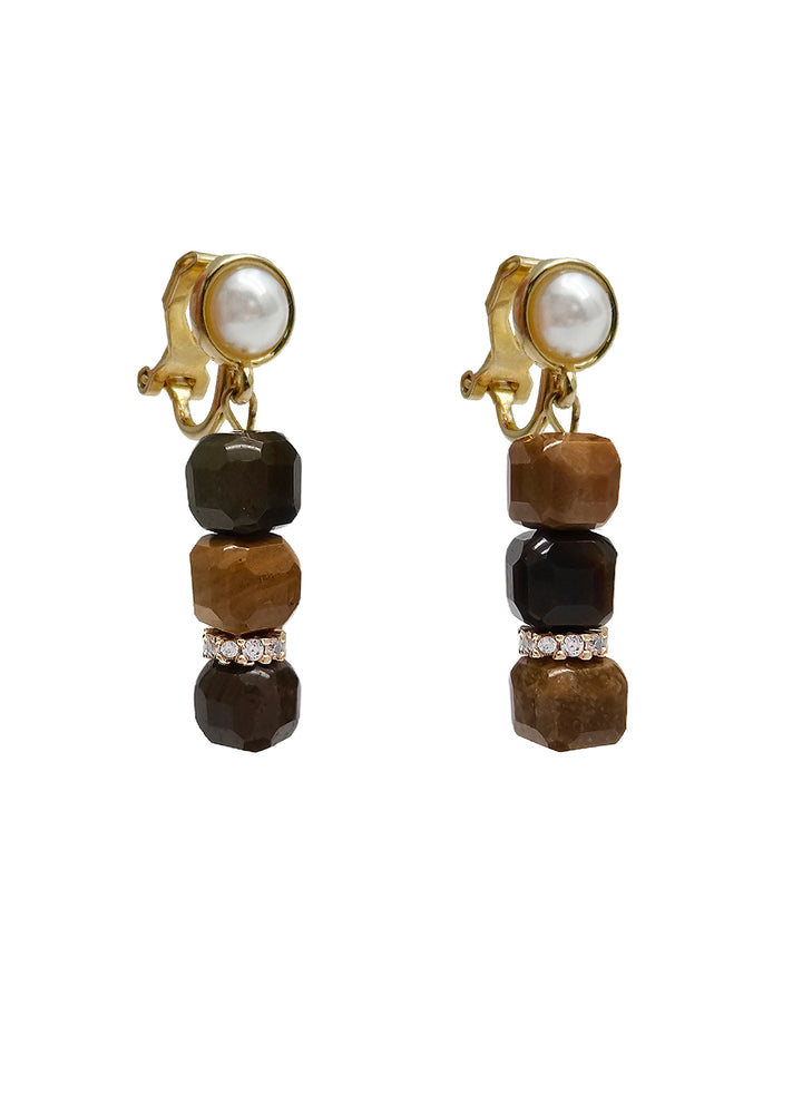 Cube Tiger Eye Clip-on Earrings NE020