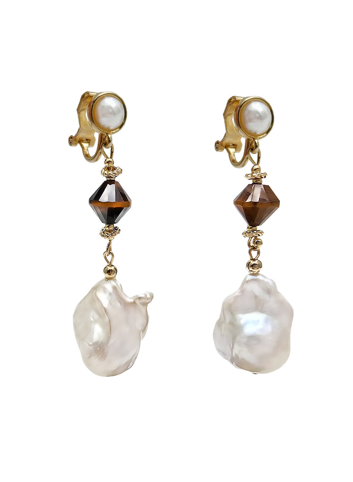 Baroque Pearls With Tiger Eye Dangle Clip-on Earrings NE022