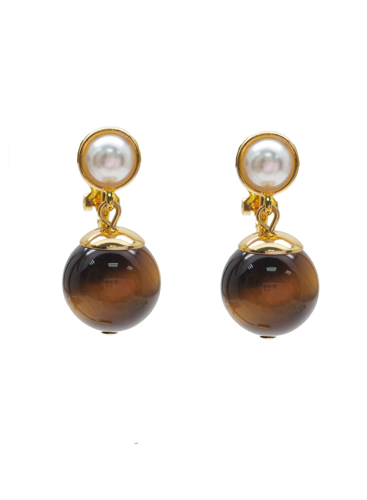 Brown Tiger Eye With Pearl Clip-on Earrings NE023