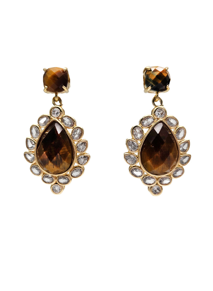 Brown Tiger Eye Stone With Zircon Statement Earrings NE024