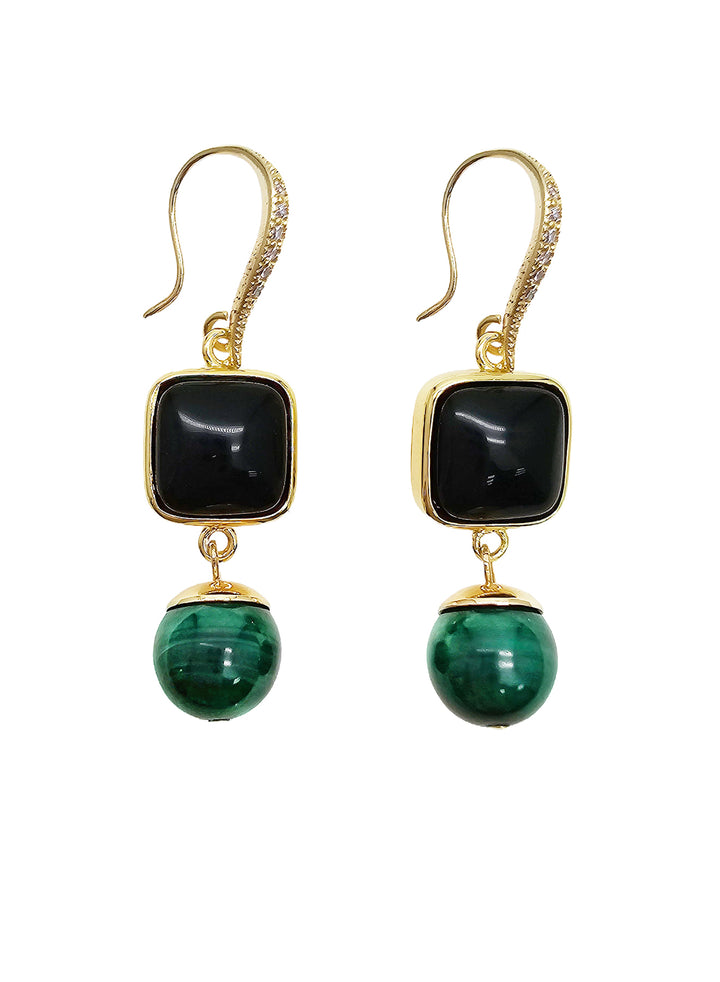 Square Black Obsidian With Malachite Earrings NE026