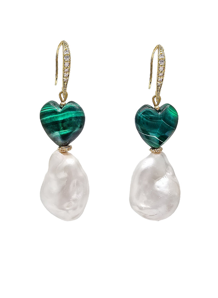 Natural Baroque Pearls With Heart Malachite Earrings NE028