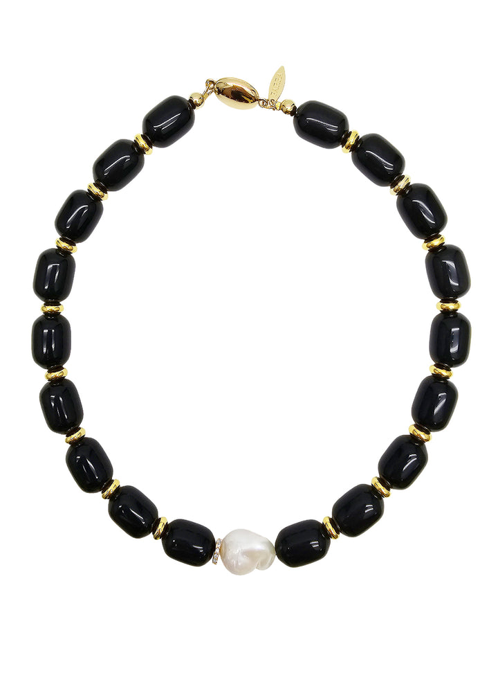 Black Obsidian With Baroque Pearl Pendant Necklace NN004