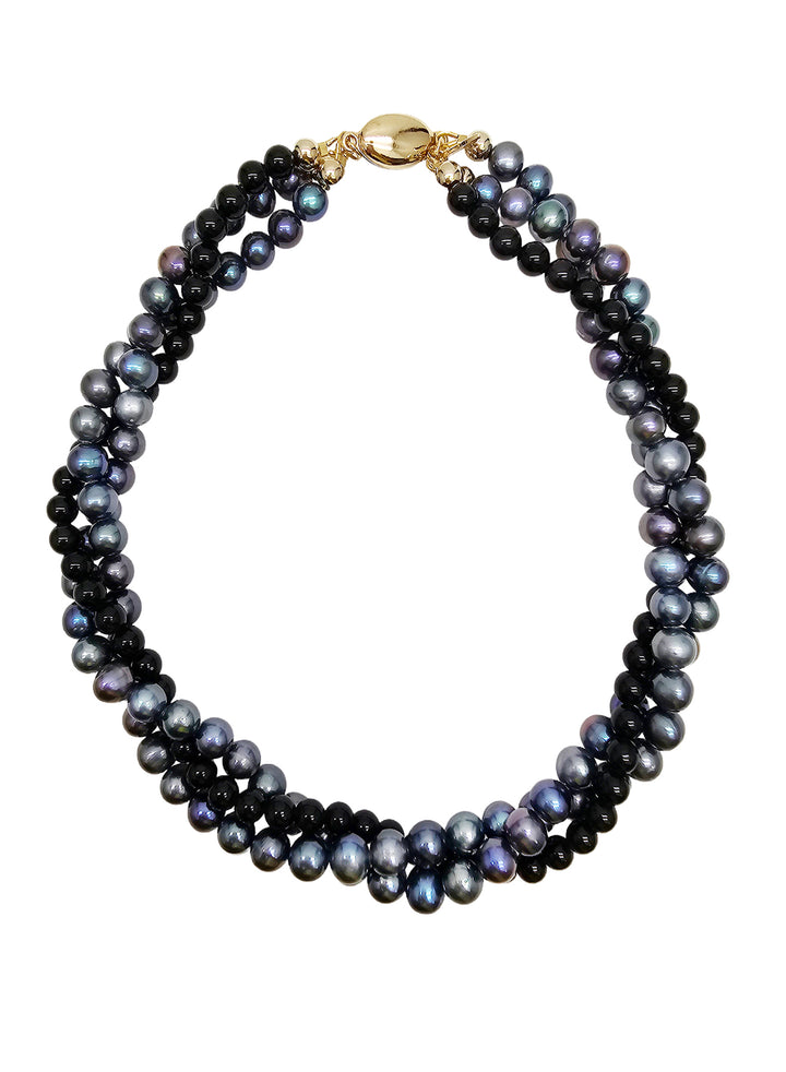 Deep Purple Pearls With black Obsidian Twisted Necklace NN005