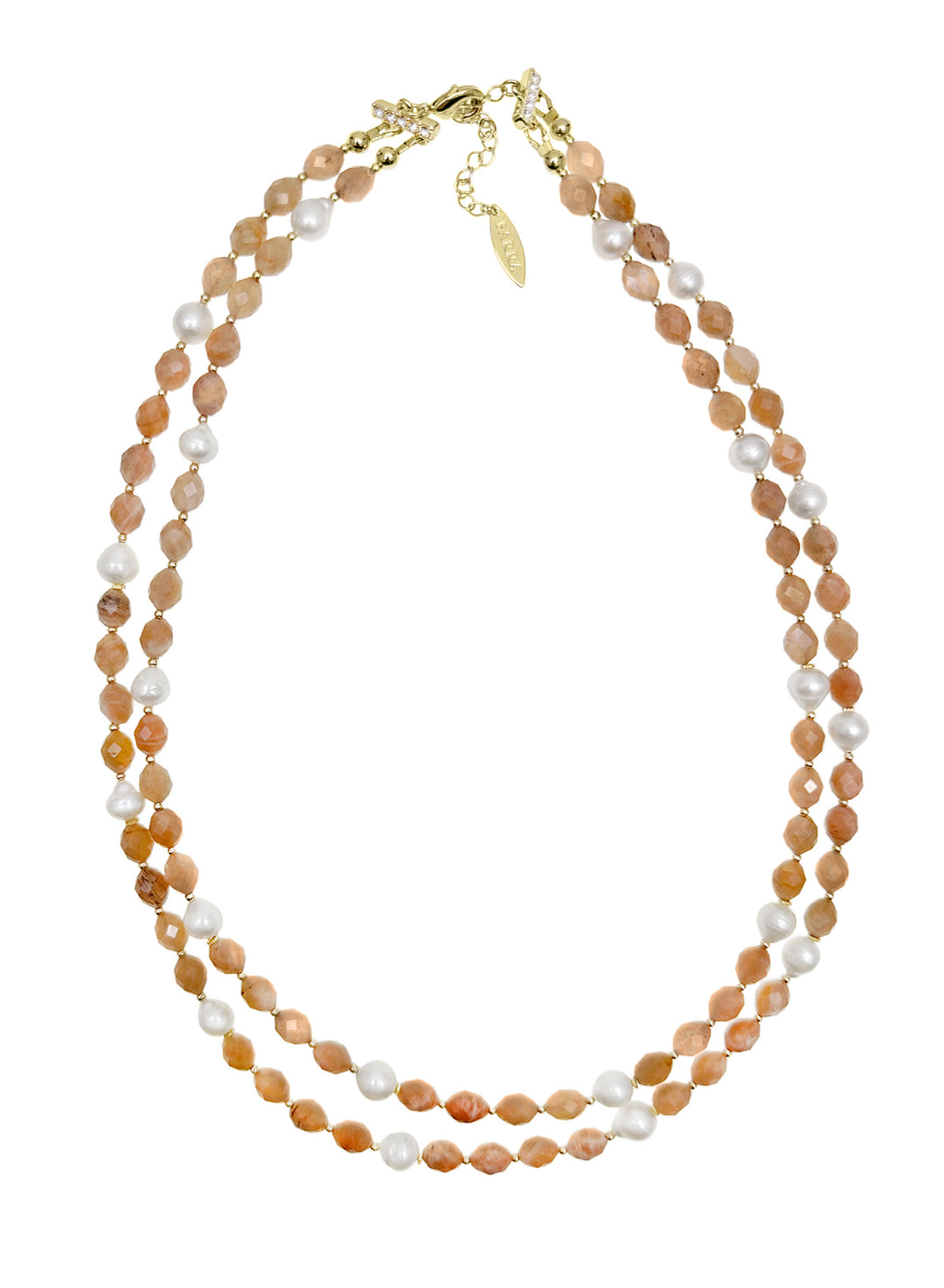 Double Layers Orange Moonstone With Freshwater Pearls Necklace NN009