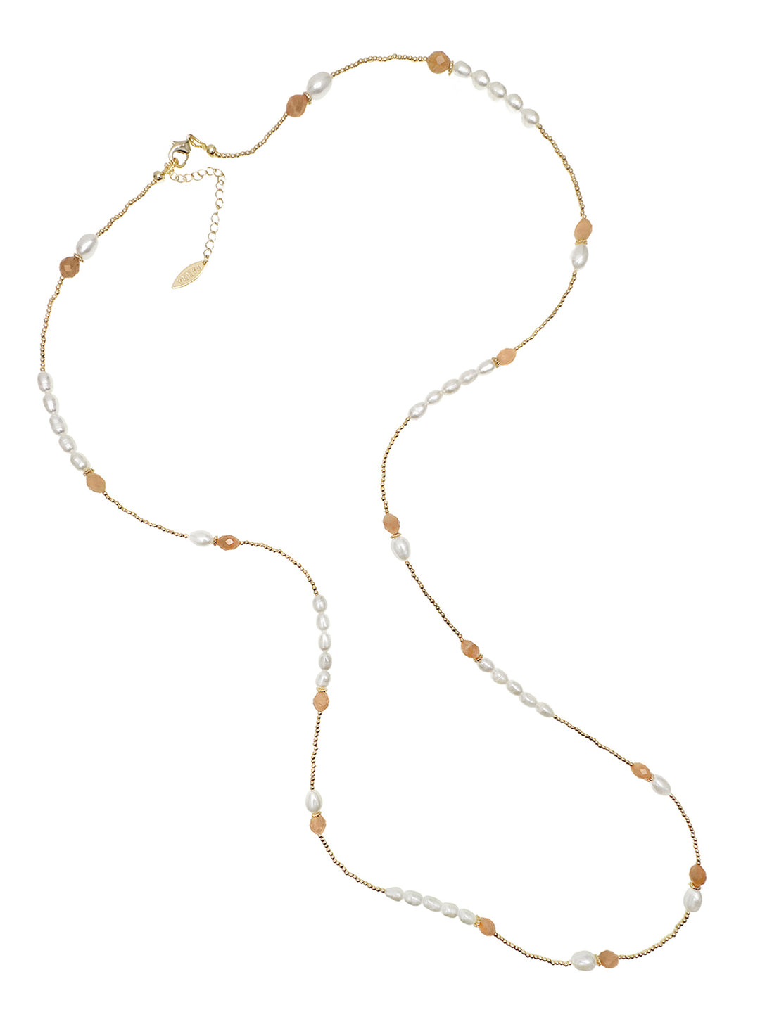 Orange Moonstone With White Pearls Long Necklace NN015