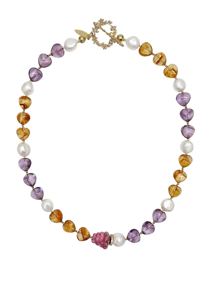 Heart Citrine And Amethyst With Raspberry And Pearls Necklace NN016