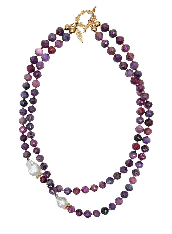 Purple Ruby and Baroque Pearls Double Layers Necklace NN018