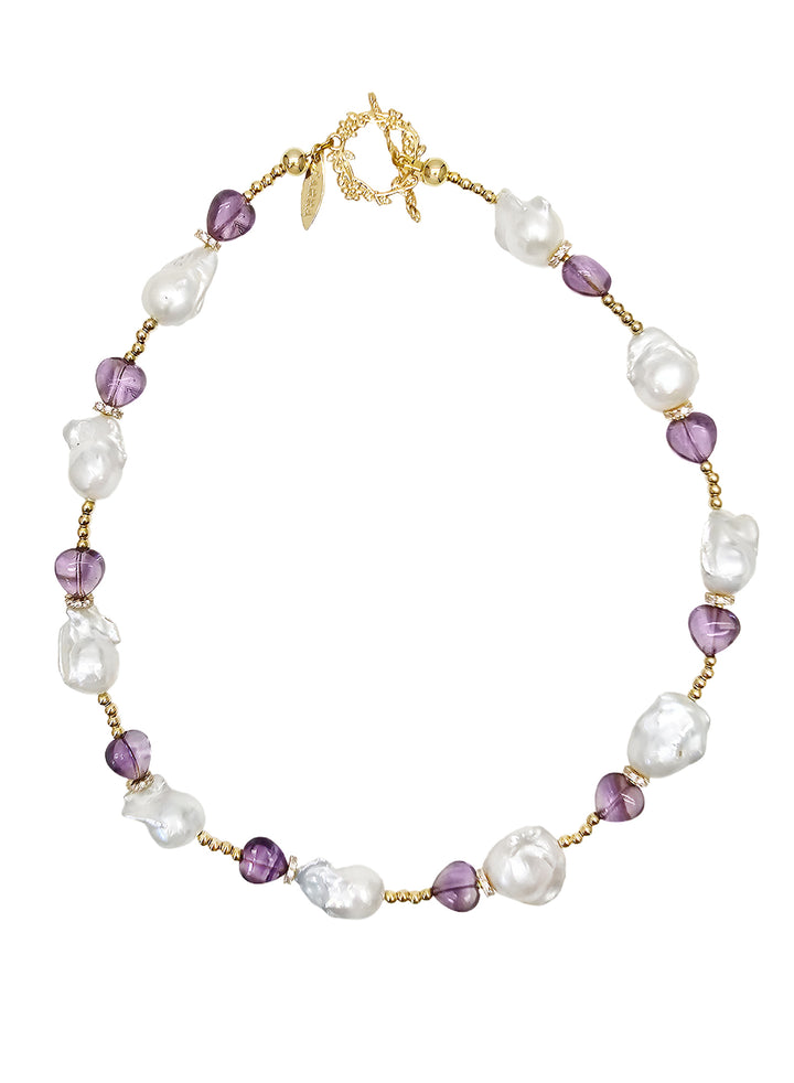 Natural Baroque Pearls With Heart Amethyst Necklace NN020