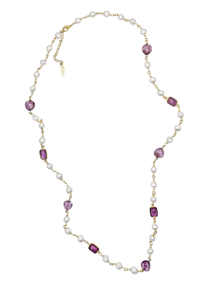 Freshwater Pearls With Amethyst Long Necklace NN023