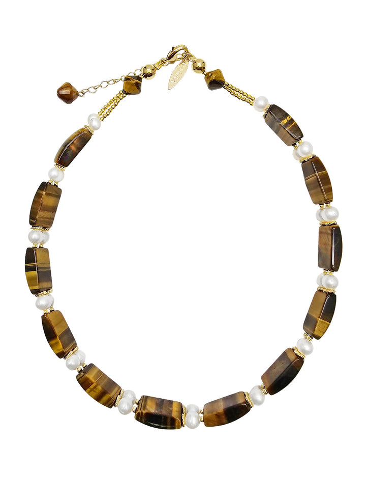 Rectangle Tiger Eye Stone With Freshwater Pearls Choker NN025