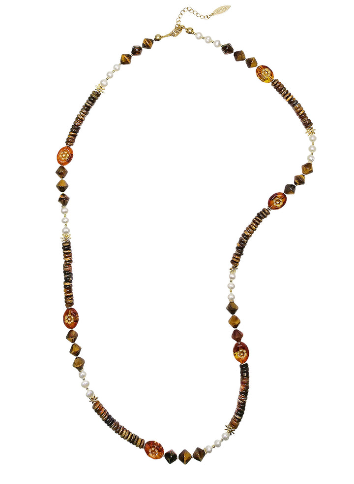 Vintage Style Tiger Eye With Freshwater Pearls Long Necklace NN027