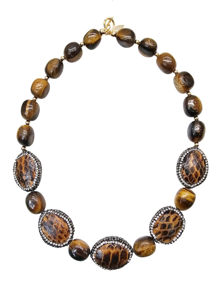 Tiger Eye With Brown Leather Rhinestone Statement Necklace NN028