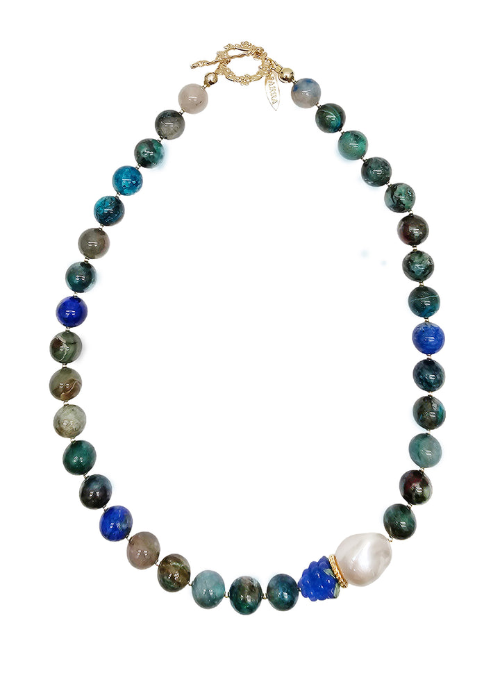 Phoenix Lapis With Baroque Pearl And Blue Raspberry Necklace NN031