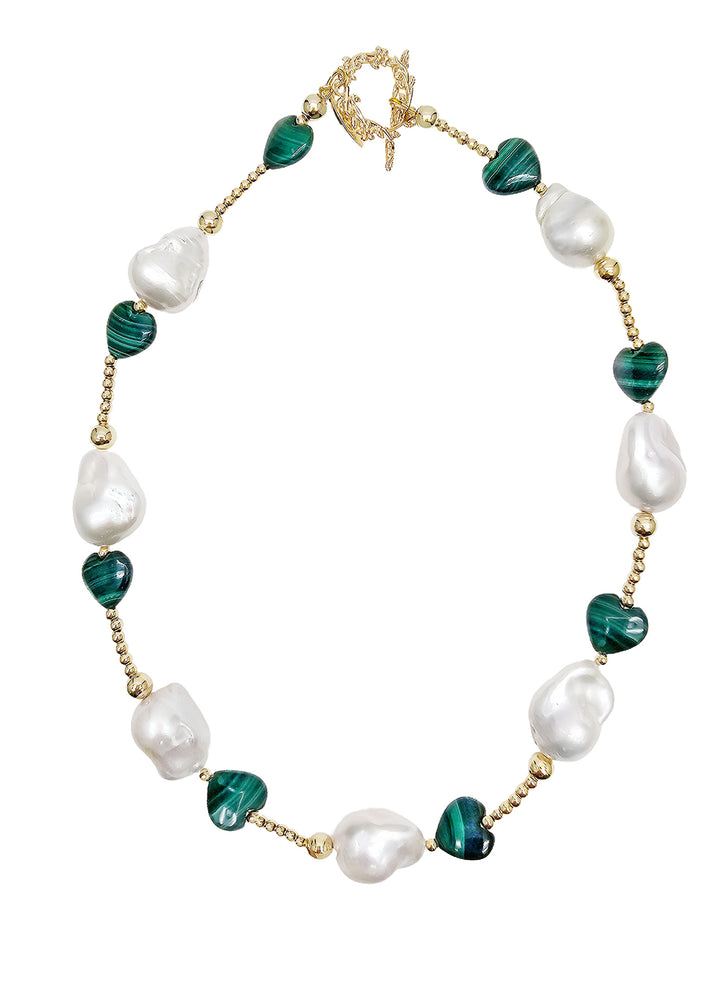 Baroque Pearls With Heart Shaped Malachite Necklace NN032