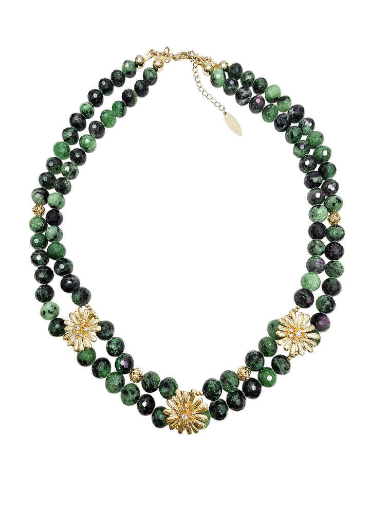 Green Gemstone With Daisy Flower Statement Necklace NN039