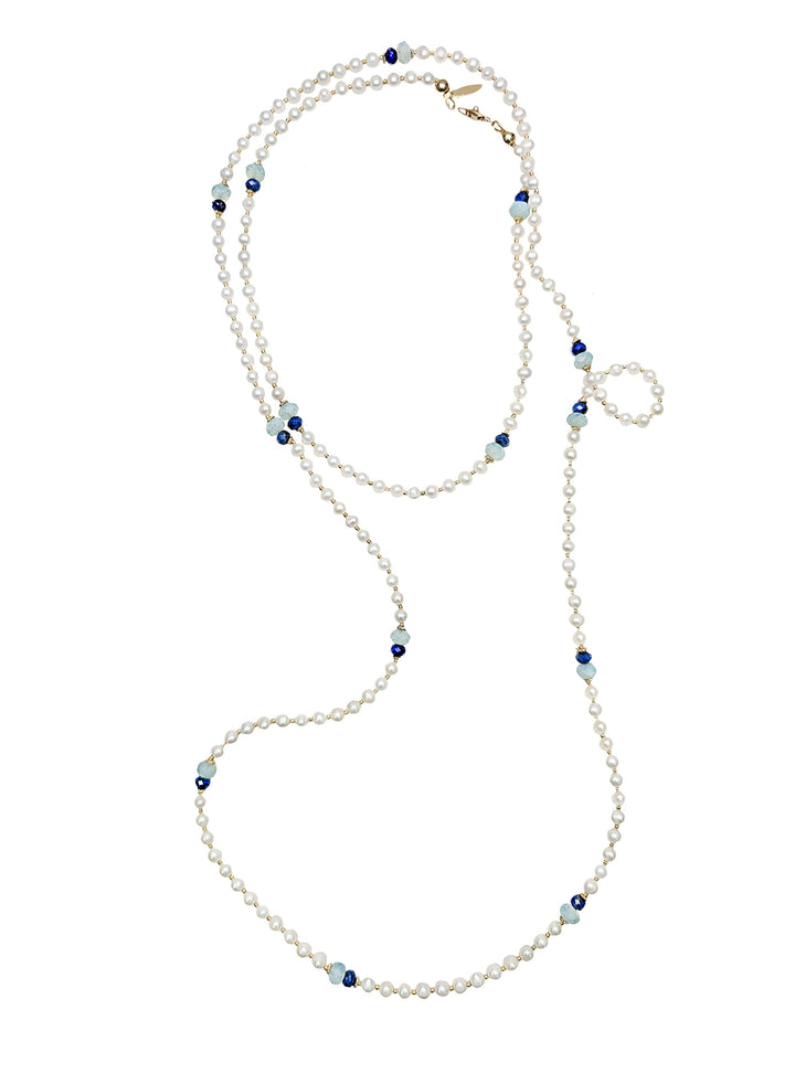 Freshwater Pearls With Lapis Opera Long Necklace NN049