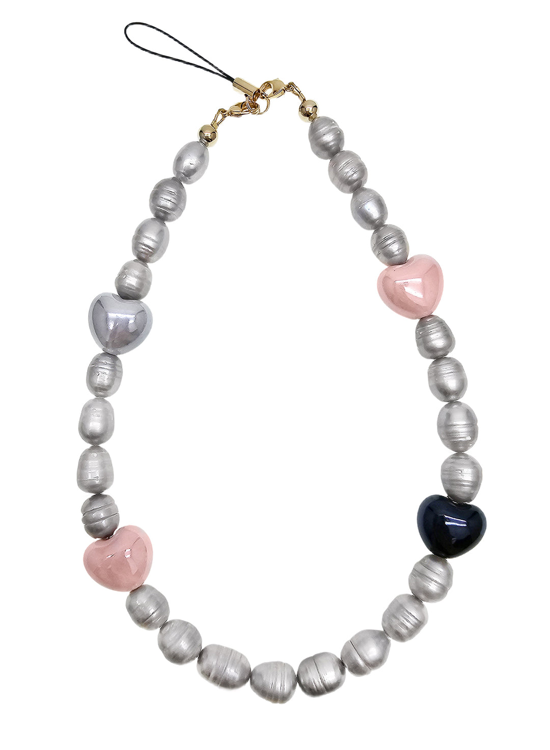 Gray Freshwater Pearls With Pink Ceramic Hearts Phone Strap PC047