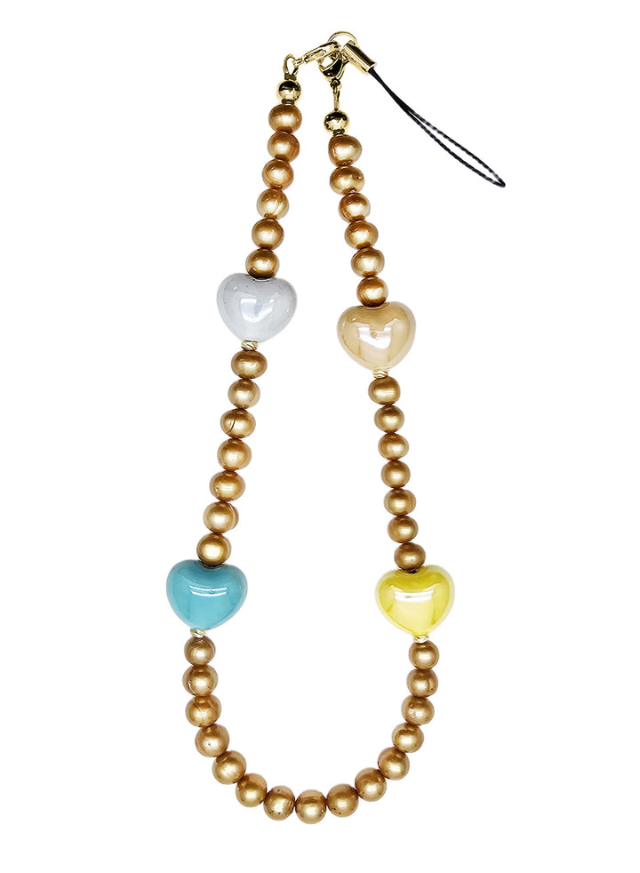 Golden Color Freshwater Pearls With Colorful Ceramic Hearts Phone Strap PC048