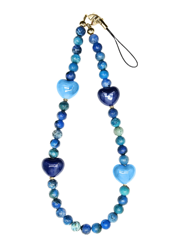 Blue Opal Gemstone With Blue Ceramic Hearts Phone Strap PC049
