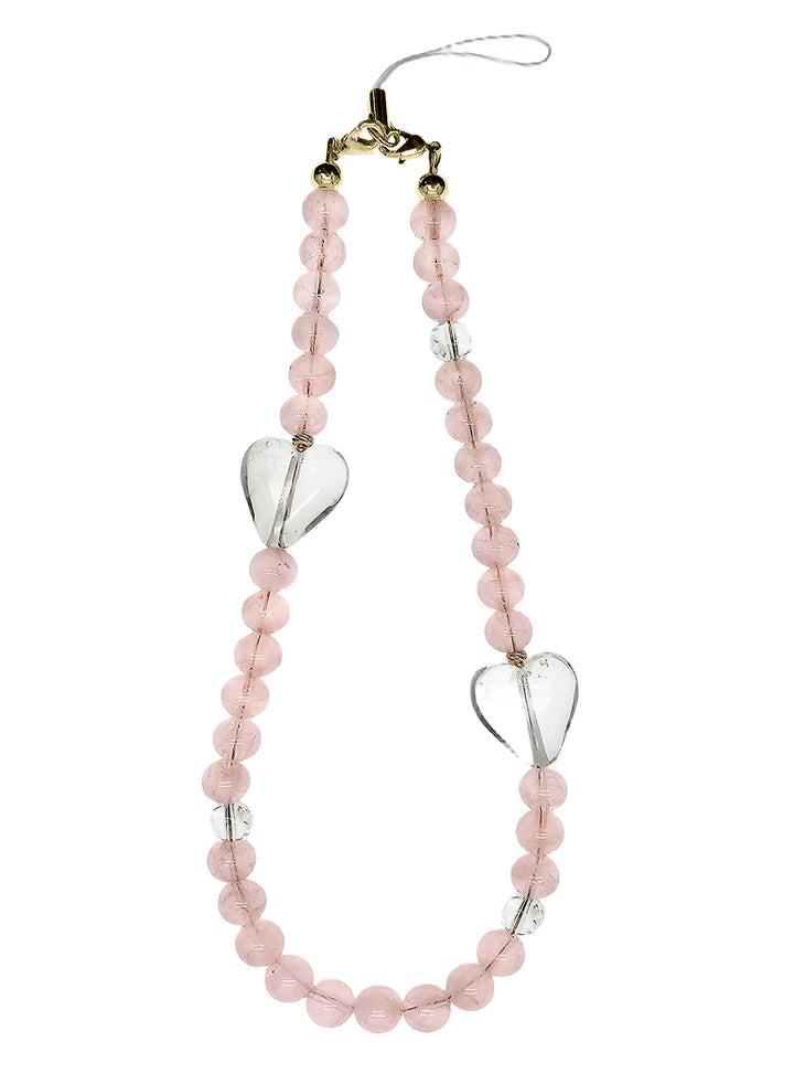 Rose Quartz With White Quartz Hearts Gemstone Phone Strap PC054