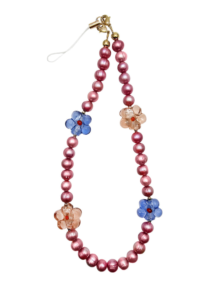 Pink Freshwater Pearls With Flowers Lovely Phone Strap PC056